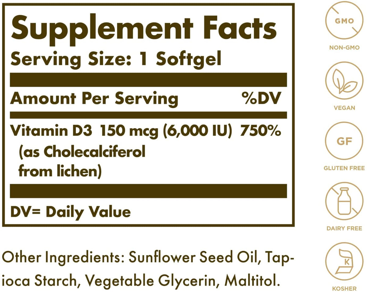 Solgar Vegan Vitamin D3 (Cholecalciferol) 150 mcg (6,000 IU) - 100 Softgels - Immune Support - Helps Maintain Healthy Bones &amp; Teeth - Non-GMO, Certified Vegan, Gluten &amp; Dairy Free - 100 Servings