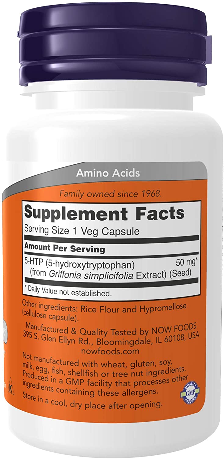 NOW Foods Supplements, 5-HTP (5-hydroxytryptophan) 50 mg, Neurotransmitter Support*, 30 Veg Capsules