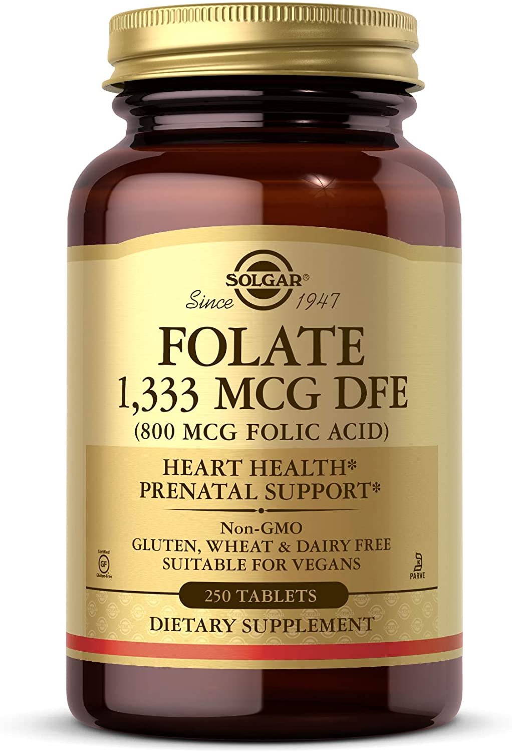SOLGAR Folate 1,333 mcg DFE (Folic Acid 800 mcg) - 250 Tablets - Prenatal Support - Non-GMO, Vegan, Gluten Free, Dairy Free, Kosher, Halal - 250 Servings