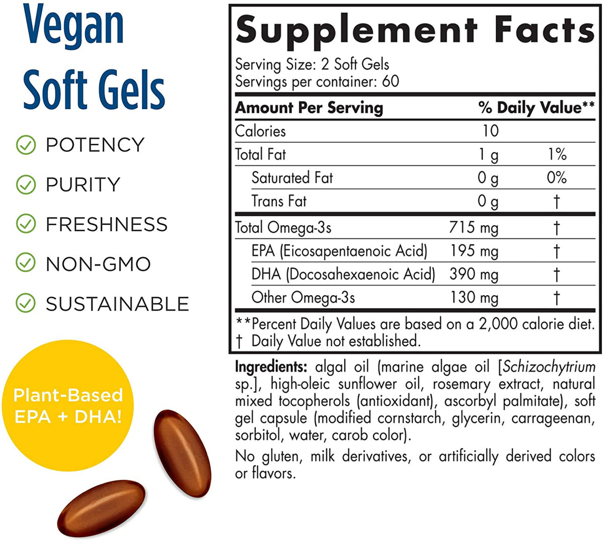 Nordic Naturals Algae Omega - 715 mg Omega-3-120 Soft Gels - Certified Vegan Algae Oil - Plant-Based EPA & DHA - Heart, Eye, Immune & Brain Health - Non-GMO - 60 Servings
