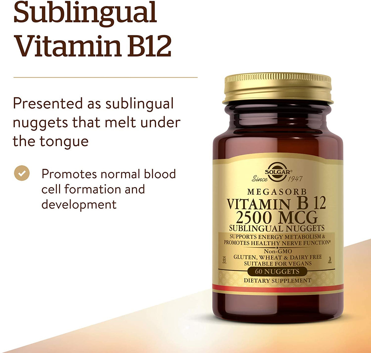 Solgar Vitamin B12 2500 mcg, 60 Nuggets - Energy Metabolism, Nervous System Support, Heart Health - Non-GMO, Vegan, Gluten Free, Dairy Free, Kosher, Halal - 60 Servings