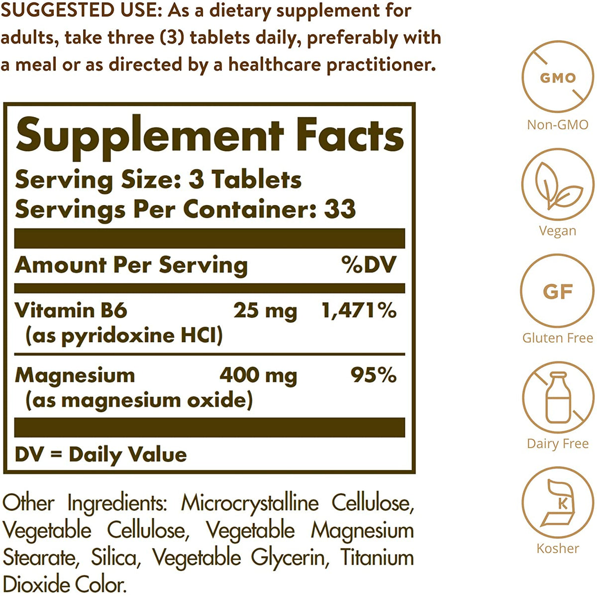Solgar Magnesium with Vitamin B6 - 100 Tablets - Promotes Healthy Bone Mineralization, Supports Nerve &amp; Muscle Function - Non-GMO, Gluten Free, Dairy Free, Kosher - 33 Servings