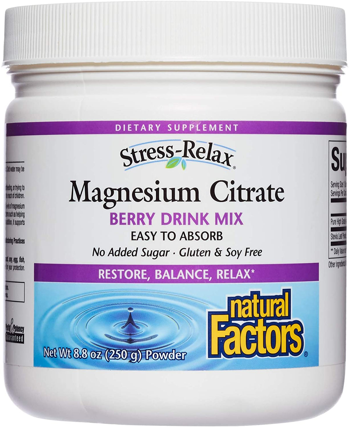 Natural Factors Stress-Relax Magnesium Citrate Drink Mix, Restores Normal Levels of Magnesium & Balances Calcium Intake, Non-GMO, Berry Flavor, 8.8 oz (75 Servings)