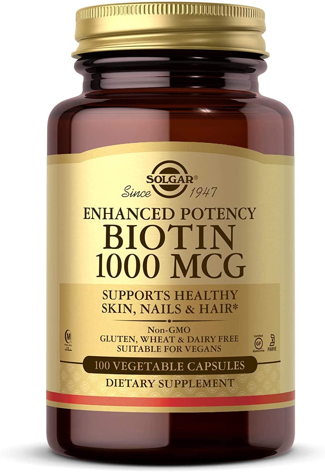 Solgar Biotin 1000 mcg - 100 Vegetable Capsules - Supports Healthy Skin, Nails &amp; Hair - Non-GMO, Vegan, Gluten Free, Dairy Free, Kosher - 100 Servings