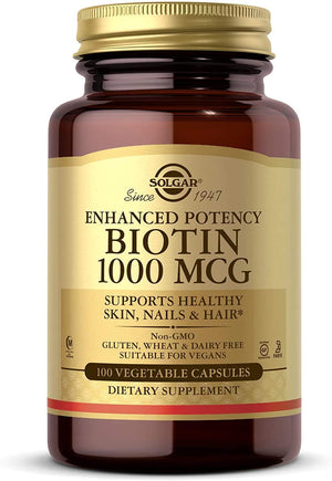 Solgar Biotin 1000 mcg - 100 Vegetable Capsules - Supports Healthy Skin, Nails & Hair - Non-GMO, Vegan, Gluten Free, Dairy Free, Kosher - 100 Servings