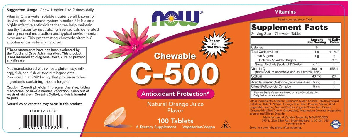 NOW Foods Chewable C-500 Orange Juice, 100 Tablets