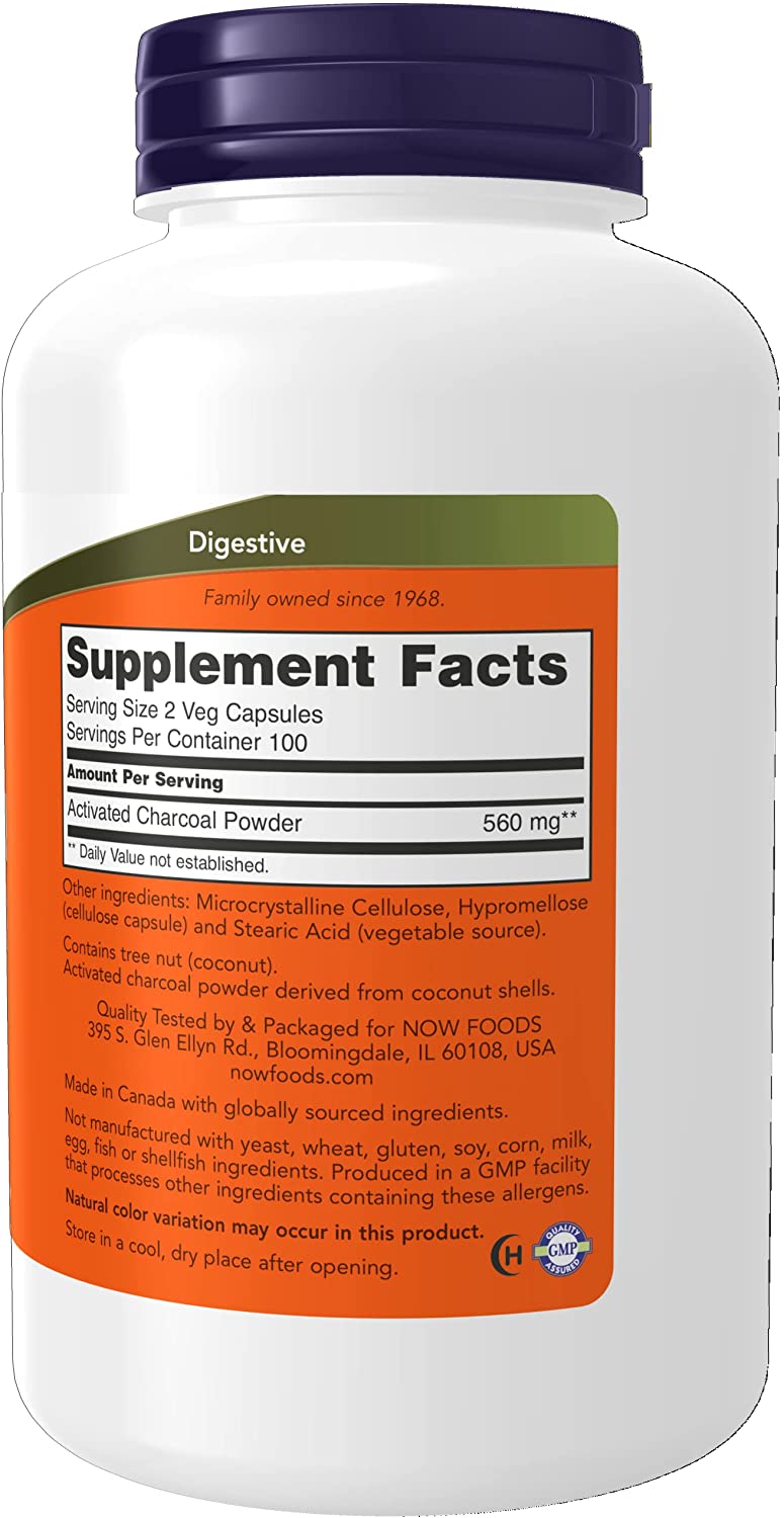 NOW Supplements, Activated Charcoal Made from Coconut Shells, Non-GMO Project Verified, Detox Support*, 200 Veg Capsules