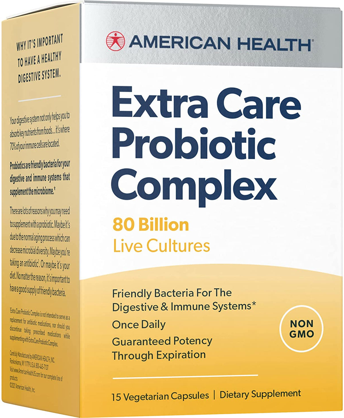 American Health Extra Care Probiotic Complex, 80 Billion MIcroorganisms - Beneficial Bacteria for The Digestive &amp; Immune Systems* - Non-GMO, Vegetarian - 15 Capsules, 15 Total Servings