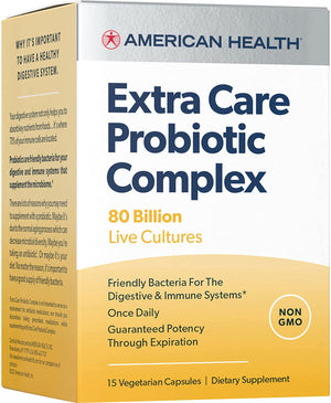 American Health Extra Care Probiotic Complex, 80 Billion MIcroorganisms - Beneficial Bacteria for The Digestive & Immune Systems* - Non-GMO, Vegetarian - 15 Capsules, 15 Total Servings