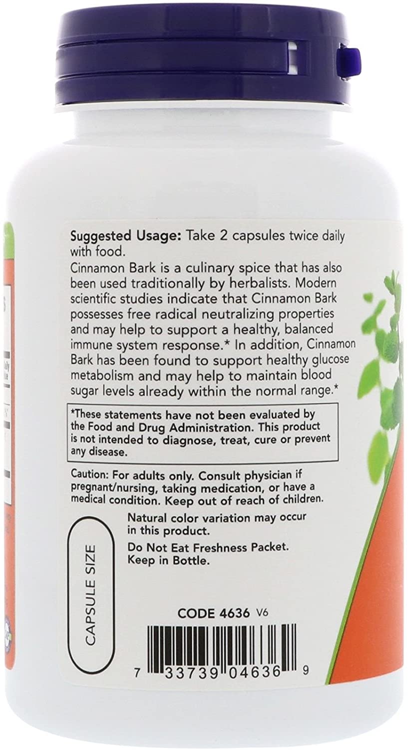 NOW Foods Cinnamon Bark, 600 mg, 120 Capsules