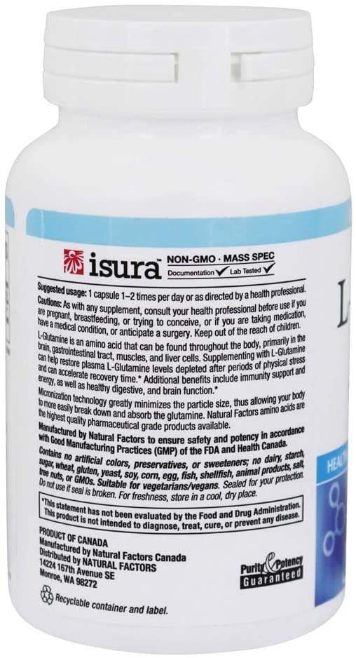 Natural Factors - Micronized L-Glutamine 1000mg, Support for Muscle Tissue & Immune System, 90 Vegetarian Capsules