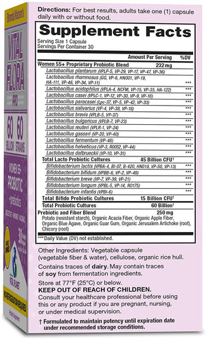 Vital Planet - Vital Flora Women 55+ Daily Shelf Stable Probiotic Supplement with 60 Billion Cultures and 60 Strains, Immune and Digestive Support Probiotics for Women with Prebiotic fiber, 30 Capsule