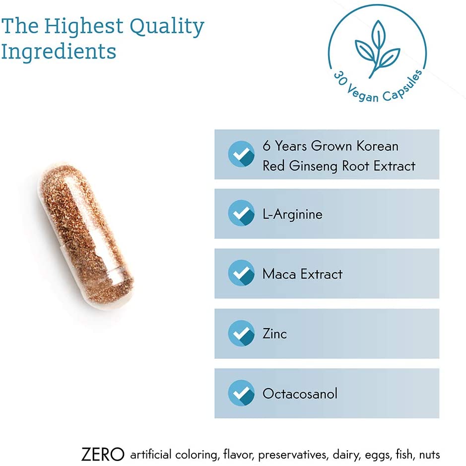 Stamina Booster Pills for Men - Genuine KGC Dietary 6 Yrs Grown Korean Red Panax Ginseng Supplement, Maca, Zinc - Performance Enhancement, Endurance, Fast Recovery - 30 Powder Capsules