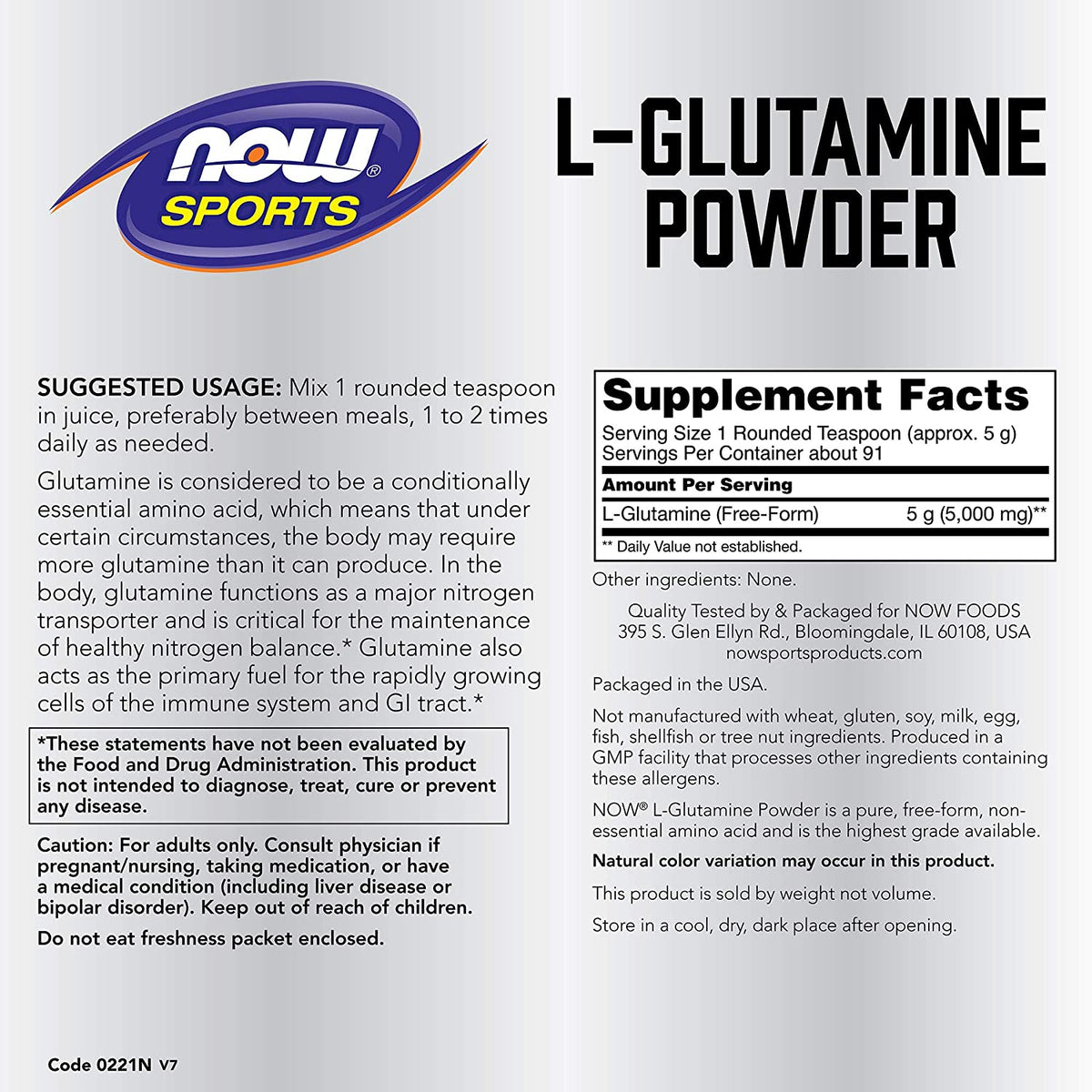 NOW Foods Sports Nutrition, L-Glutamine Pure Powder, Nitrogen Transporter*, Amino Acid, 1-Pound