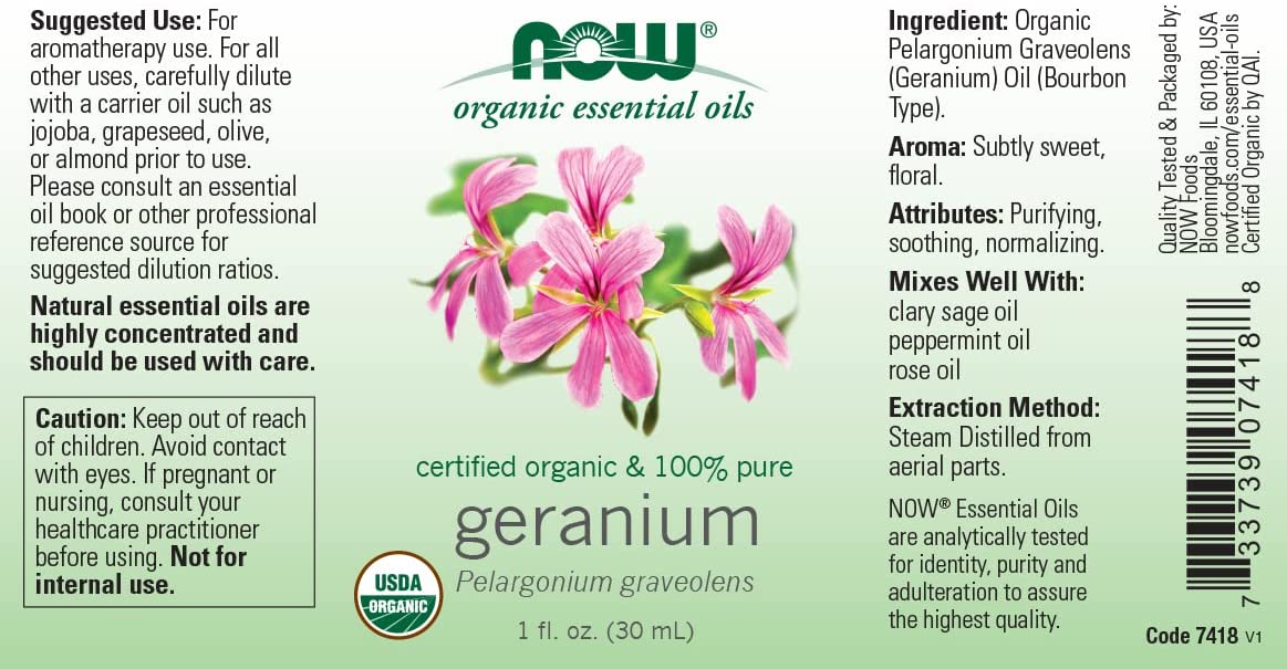 NOW Essential Oils, Geranium Oil, Certified Organic, Soothing Aromatherapy Scent, Steam Distilled, 100% Pure, Child Resistant Cap, 1-Ounce