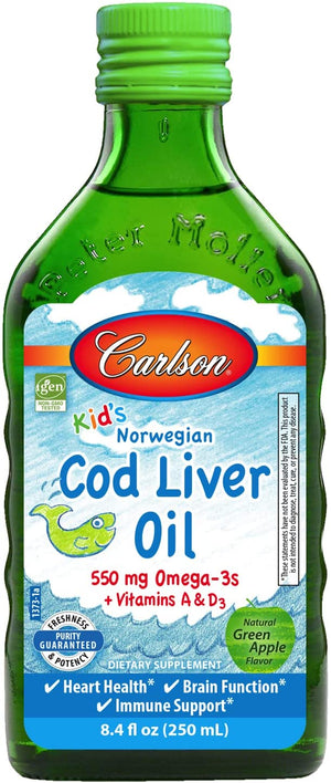 Carlson - Kid's Cod Liver Oil, 550 mg Omega-3s, Vitamins A & D3, Wild-Caught Norwegian Arctic Cod-Liver Oil, Sustainably Sourced Nordic Fish Oil, Green Apple, 250 mL (8.4 Fl Oz)