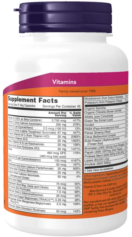 NOW Supplements, EcoGreen Multi Vitamin with Green Superfoods, Iron-Free 90 Veg Capsules