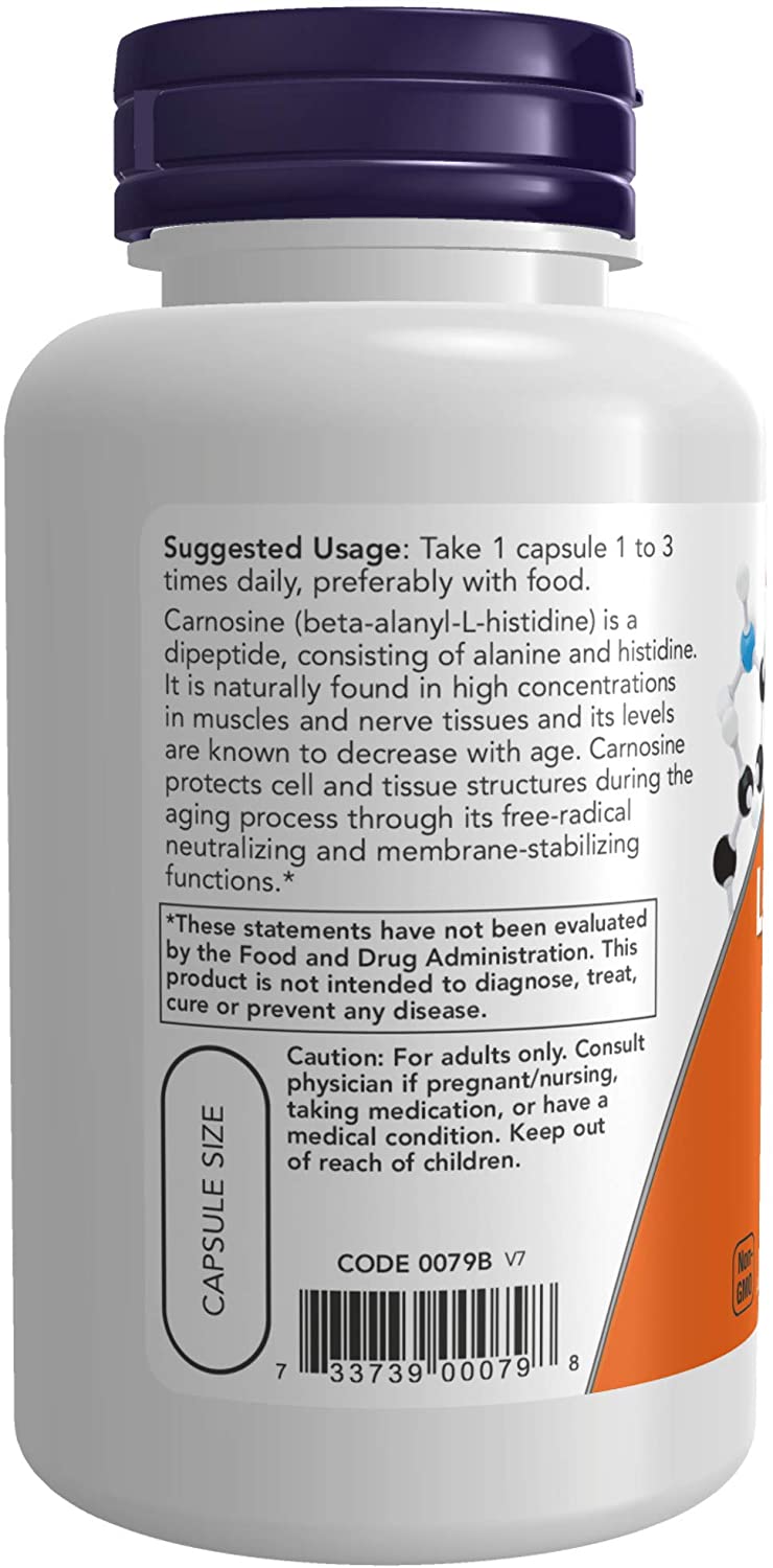 NOW Foods Supplements, L-Carnosine (Beta-Alanyl-L-Histidine) 500 mg, Healthy Aging, 100 Veg Capsules