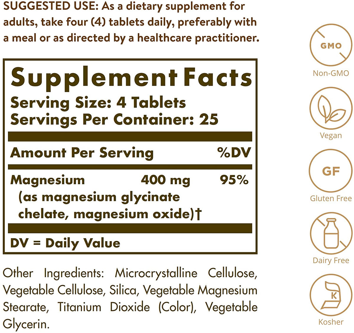 Solgar Chelated Magnesium - 100 Tablets - Supports Nerve &amp; Muscle Function - Non-GMO, Vegan, Gluten Free, Dairy Free, Kosher - 25 Servings