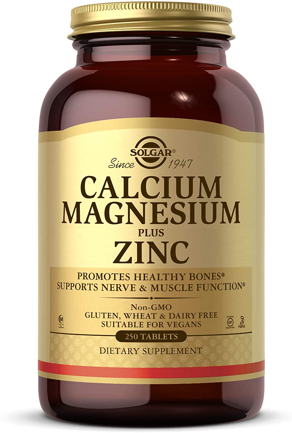 Solgar Calcium Magnesium Plus Zinc, 250 Tablets - Promotes Healthy Bones and Teeth - Supports Nerve &amp; Muscle Function - Non GMO, Vegan, Gluten Free, Dairy Free, Kosher, Halal - 83 Servings