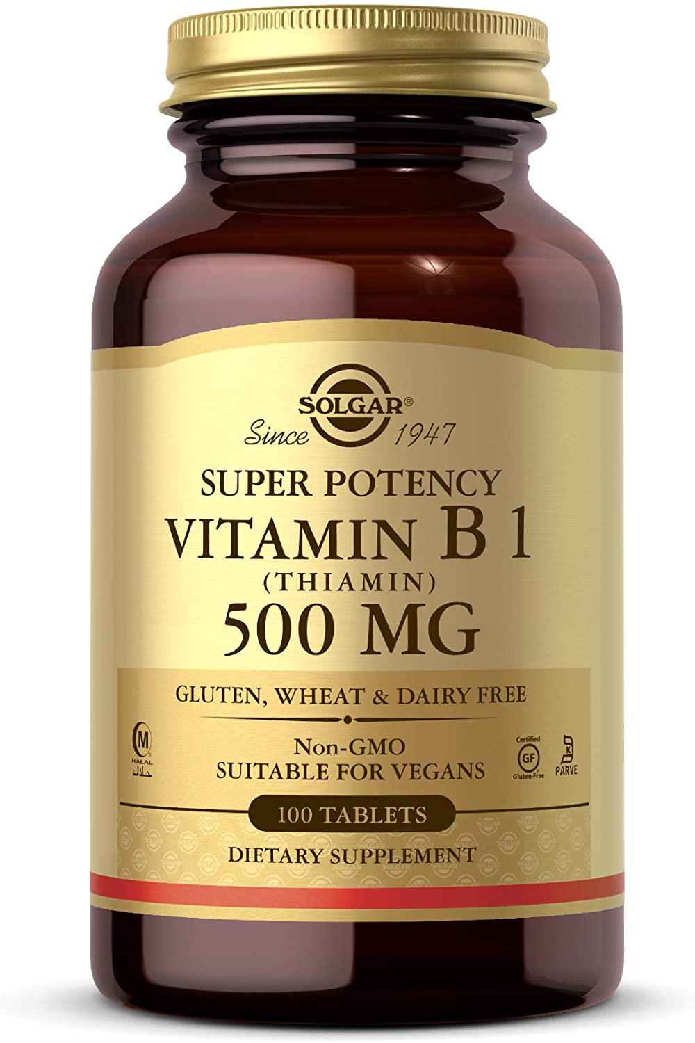 Solgar Vitamin B1 (Thiamin) 500 mg, 100 Tablets - Energy Metabolism, Healthy Nervous System, Overall Well-Being - Super Potency - Non-GMO, Vegan, Gluten Free, Dairy Free - 100 Servings