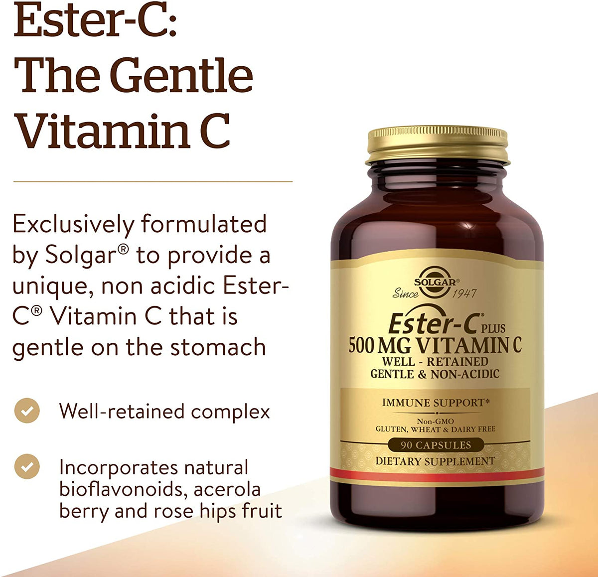 Solgar Ester-C Plus 500 mg Vitamin C with Citrus Bioflavonoids - 90 Capsules - Gentle &amp; Non Acidic, Well Retained - 24-Hour Immune Support - Non-GMO, Gluten Free - 90 Servings