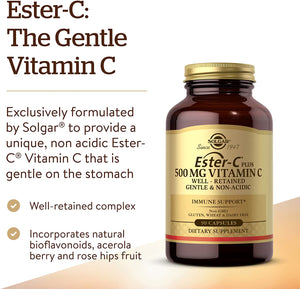 Solgar Ester-C Plus 500 mg Vitamin C with Citrus Bioflavonoids - 90 Capsules - Gentle & Non Acidic, Well Retained - 24-Hour Immune Support - Non-GMO, Gluten Free - 90 Servings