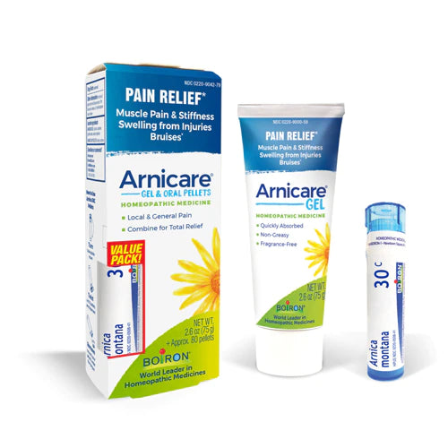 Boiron Arnicare Gel and Arnica 30c Value Pack for Pain Relief, Muscle Soreness, and Swelling from Bruising or Injury - 2.6 oz + 80 Pellet Tube