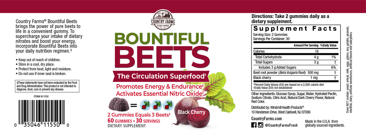 COUNTRY FARMS Bountiful Beets Gummies, Circulation Superfood, Promotes Energy and Endurance, Nitric Oxide Booster, 30 Servings, White, 60 Count