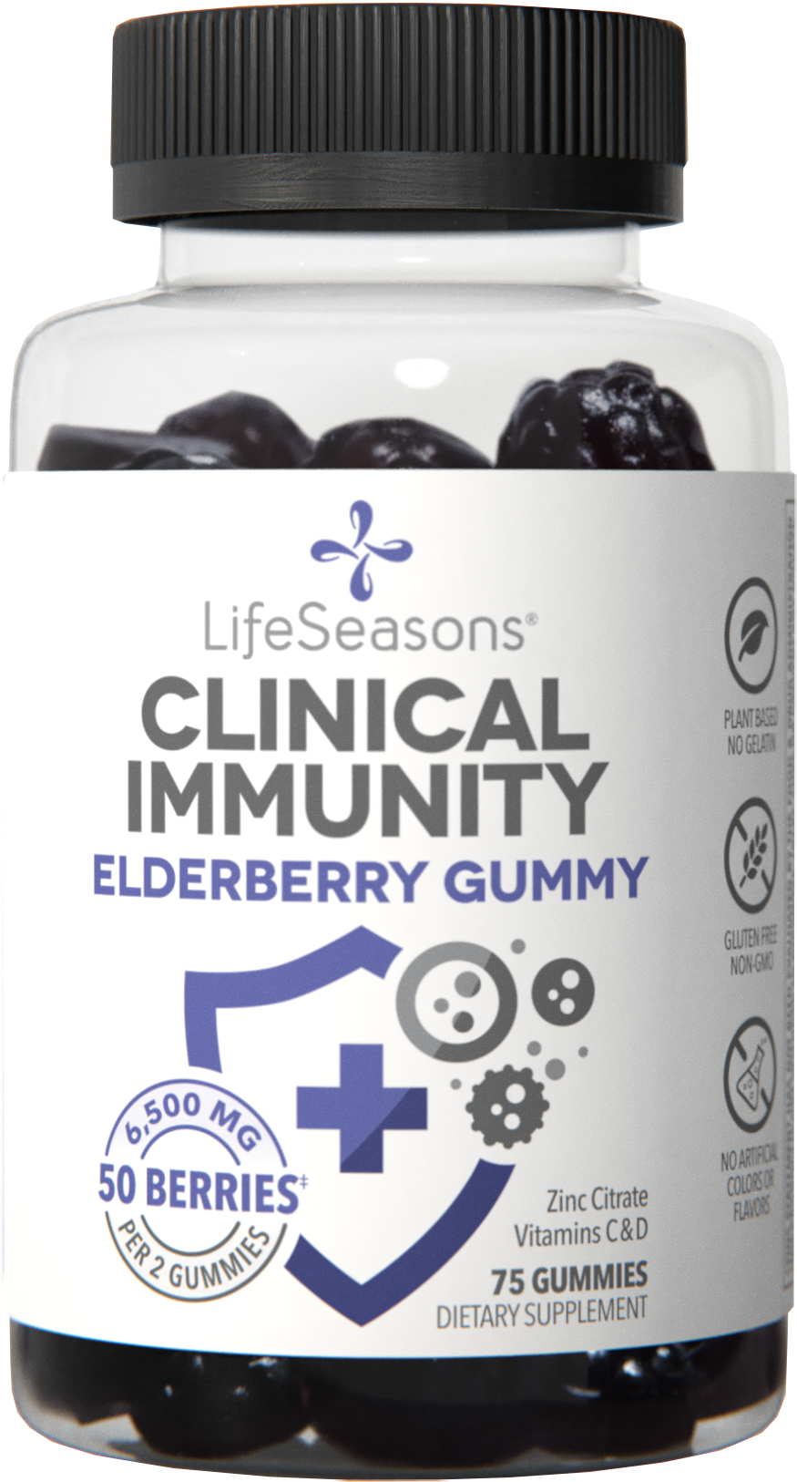 LifeSeasons Clinical Immunity - Elderberry Gummies - Supports a Healthy Immune System - 25 Elderberries Per Gummy - Maltodextrin-Free - Vitamin C, Vitamin D3, Zinc &amp; Elderberry Extract - 75 Gummies