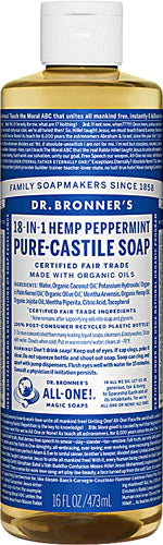 Dr. Bronner's - Pure-Castile Liquid Soap (Peppermint, 16 ounce) - Made with Organic Oils, 18-in-1 Uses: Face, Body, Hair, Laundry, Pets and Dishes, Concentrated, Vegan, Non-GMO