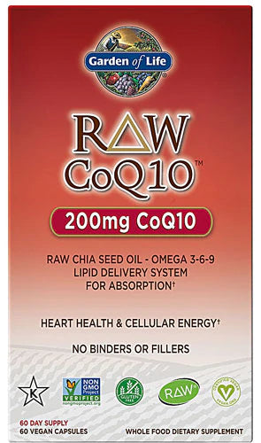 Garden of Life CoQ10 200mg, Vegetarian Omega 3 6 9 Supplement Raw Co Q 10 Chia Seed Oil, Whole Food Nutrition with Antioxidant Support, Coenzyme q10 Supplement for Heart Health, 60 Capsules