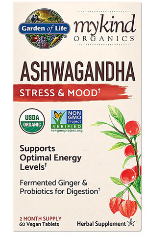 Garden of Life Organic Ashwagandha Supplement with Probiotics & Ginger - Stress, Mood & Energy Support, Vegan, Gluten Free, Non GMO, 2 Month Supply, 60 Tablets