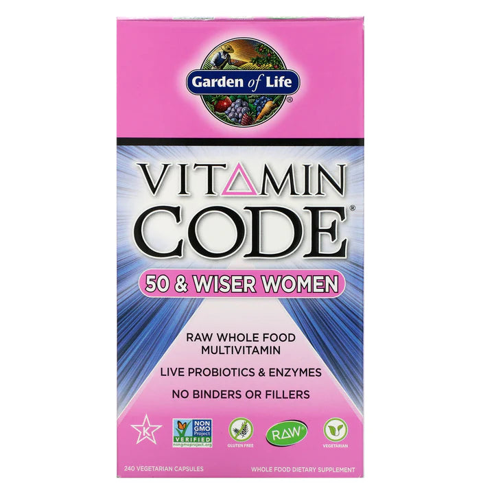 Garden of Life Multivitamin for Women 50 &amp; Over, Vitamin Code Women 50 &amp; Wiser Multi - 240 Capsules with Vitamins A, B, C, D3, E &amp; K, CoQ10, Probiotics &amp; Enzymes