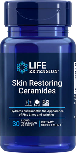 Life Extension Skin Restoring Ceramides - Promotes Hydration &amp; Encourages Healthy Ceramide Levels in Skin - Once-Daily Oral Supplement - Non-GMO, Gluten-Free – 30 Liquid Vegetarian Capsules