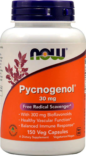 NOW Foods Supplements, Pycnogenol 30 mg (a Unique Combination of Proanthocyanidins from French Maritime Pine) with 300 mg Bioflavonoids, 150 Veg Capsules