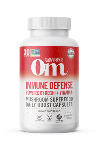 OM MUSHROOM SUPERFOOD Immune Defense Mushroom Capsules Superfood Supplement, 90 Count, 30 Days, Mushroom Blend, Reishi, Turkey Tail, Maitake, Agaricus Blazei, Vitamin C, Vegan