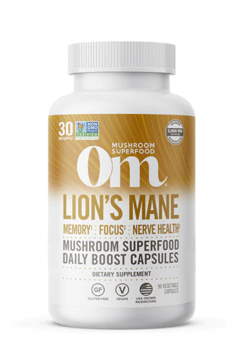 OM MUSHROOM SUPERFOOD Lion's Mane Mushroom Capsules Superfood Supplement, 90 Count, 30 Day Supply, Fruit Body and Mycelium Nootropic for Memory, Focus, Nerve Health and Immune Support