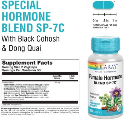 SOLARAY Female Hormone Blend SP-7C | W/Black Cohosh, Dong Quai, Passion Flower, Wild Yam &amp; More | 100 VegCaps, 50 Serv.