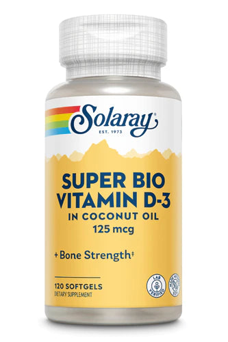 SOLARAY Super Bio Vitamin D3 in Coconut Oil - D3 Vitamin 5000 IU - Bone Health and Immune Support Supplement - Lab Verified, Made Wtihout Soy, 60-Day Guarantee - 120 Softgels, 120 Servings