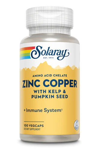 SOLARAY Zinc Copper Amino Acid Chelate - Immune Support Supplement w/Chelated Zinc 50mg - Bone, Skin, Heart Health and Thyroid Support - with Iodine from Kelp, 60-Day Guarantee, 100 Serv, 100 VegCaps