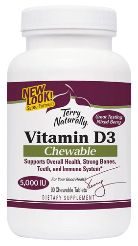Terry Naturally Vitamin D3 - Bone Health &amp; Bone Strength Support Supplement - Immune System &amp; Brain Support - 5,000 IU Vitamin D Tablets with Mixed Berry Flavor - 90 Chewable Tablets