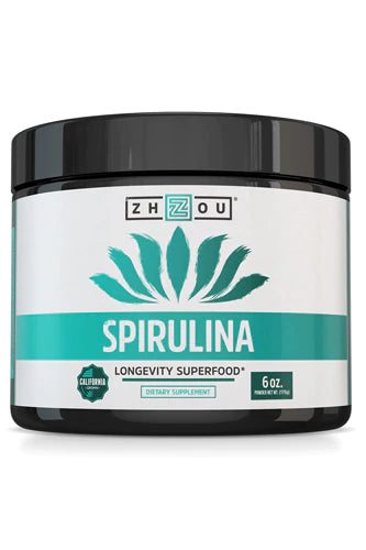 Zhou Spirulina Powder - Blue Green Spirulina Superfood for Women &amp; Men with Vegan Protein, Chlorophyll &amp; Phycocyanin for Smooth Energy &amp; Longevity, Drink Mix for Smoothies - 6 oz Jar (48 Servings)
