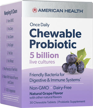 American Health Probiotic Grape, Daily Chewable Tablet, 5 Billion Live Cultures, Beneficial Bacteria for The Digestive & Immune Systems, 30 Count