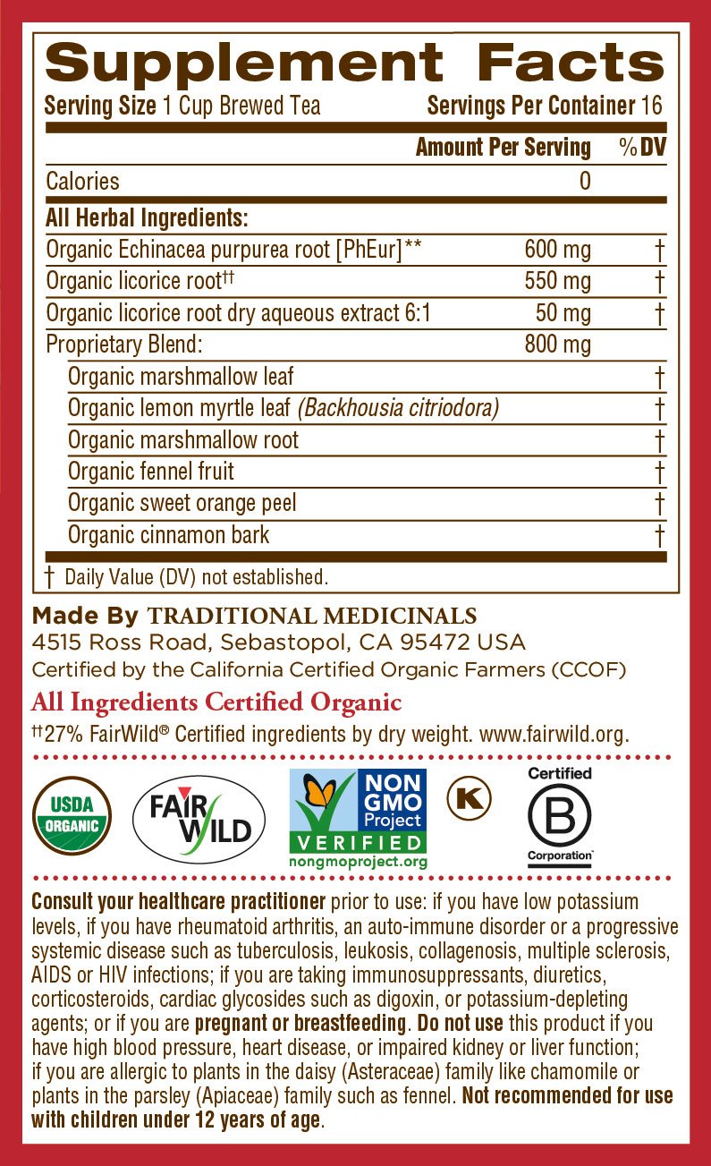 Traditional Medicinals Tea, Organic Throat Coat Lemon Echinacea, Supports Throat Health &amp; Immune Fuction, 16 Tea Bags