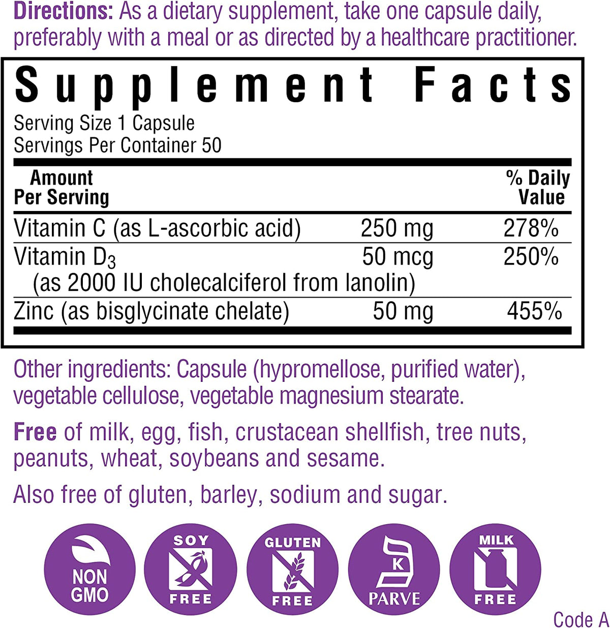 Bluebonnet Nutrition Vitamin C, D3 &amp; Zinc, for Immune Health and Respiratory Function*, Soy-Free, Gluten-Free, Non-GMO, Kosher Certified, Dairy-Free, 50 Vegetable Capsules, 50 Servings