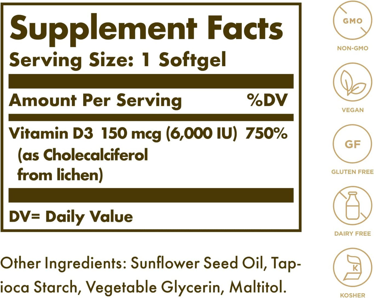 Solgar Vegan Vitamin D3 (Cholecalciferol) 150 mcg (6,000 IU) - 50 Softgels - Immune Support - Helps Maintain Healthy Bones &amp; Teeth - Non-GMO, Certified Vegan, Gluten &amp; Dairy Free - 50 Servings