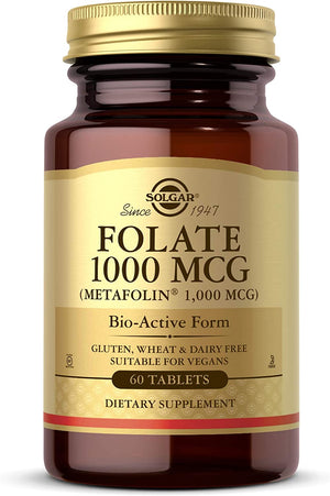 Solgar Folate 1000 mcg, 60 Tablets - 1000 mcg Bio-active Metafolin - Heart Health - Vegan, Gluten Free, Dairy Free, Kosher - 60 Servings