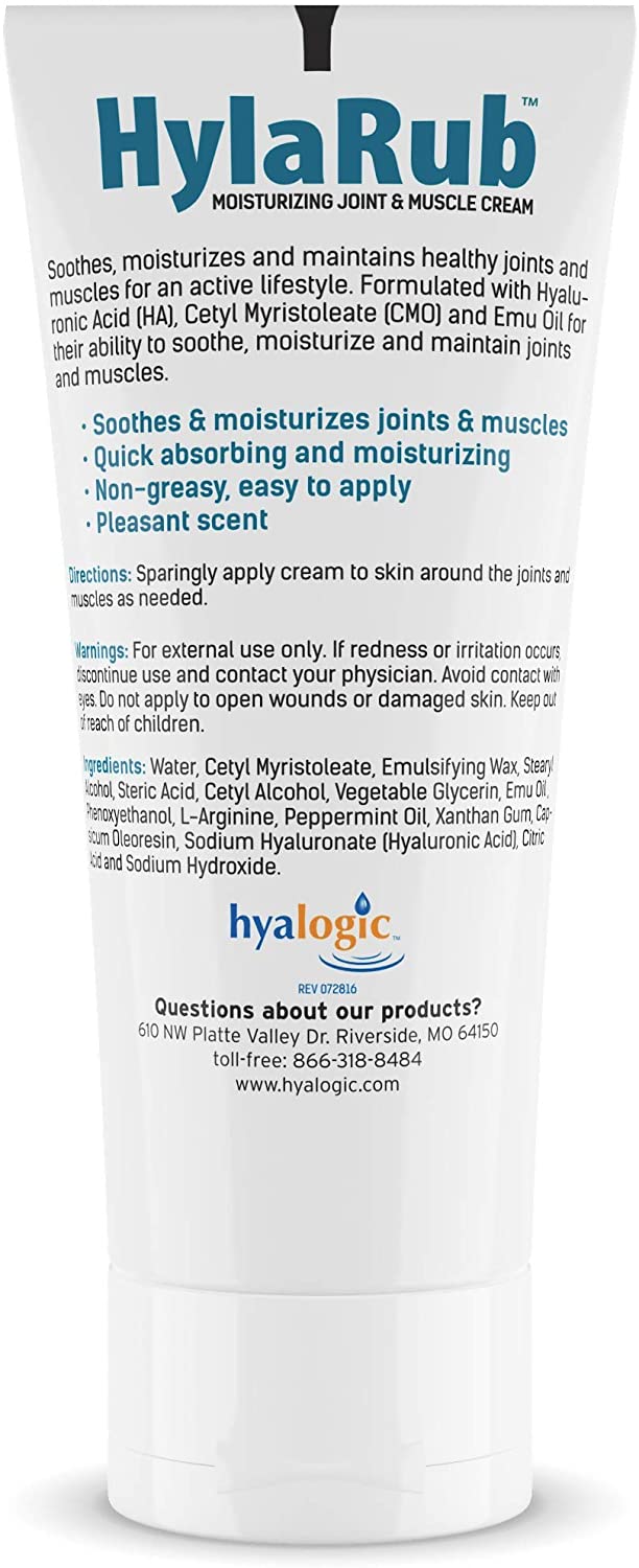 HylaRub HA Joint &amp; Muscle Cream – Hyaluronic Acid Muscle Rub w/ Emu Oil &amp; CMO – Non Greasy, Soothes, Moisturizes &amp; Maintains Shoulders, Knees, Back, Hips &amp; More 6 oz. by Hyalogic