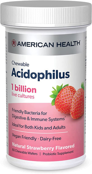 American Health Daily Chewable Tablet Acidophilus, 1 Billion Live Cultures, Beneficial Bacteria for The Digestive & Immune Systems, Strawberry, 60 Count